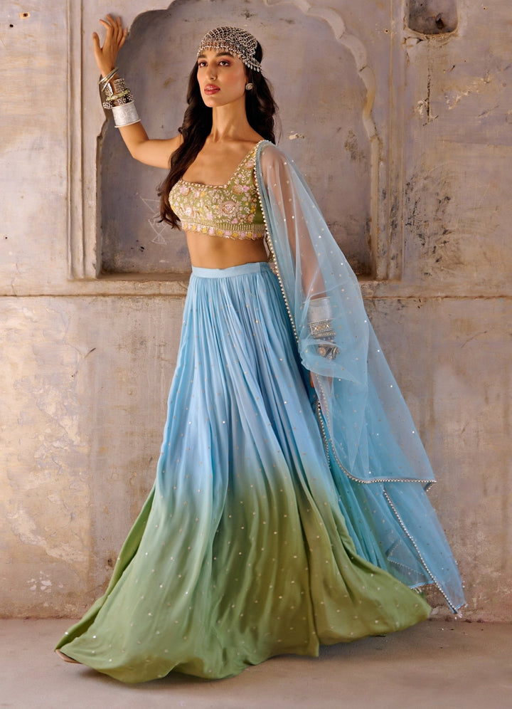 Hazel Blue and Green Ombre Embroidered Lehenga Set Chamee n Palak - Fabilicious Fashion