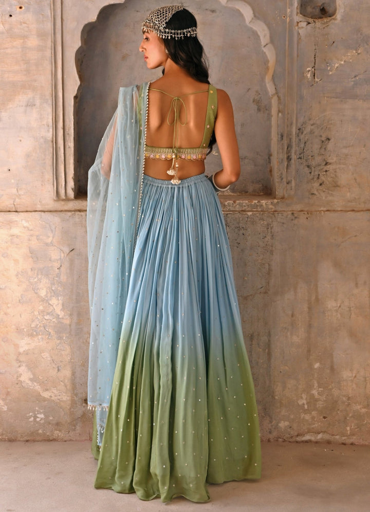 Hazel Blue and Green Ombre Embroidered Lehenga Set Chamee n Palak - Fabilicious Fashion