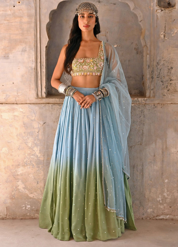 Hazel Blue and Green Ombre Embroidered Lehenga Set Chamee n Palak - Fabilicious Fashion