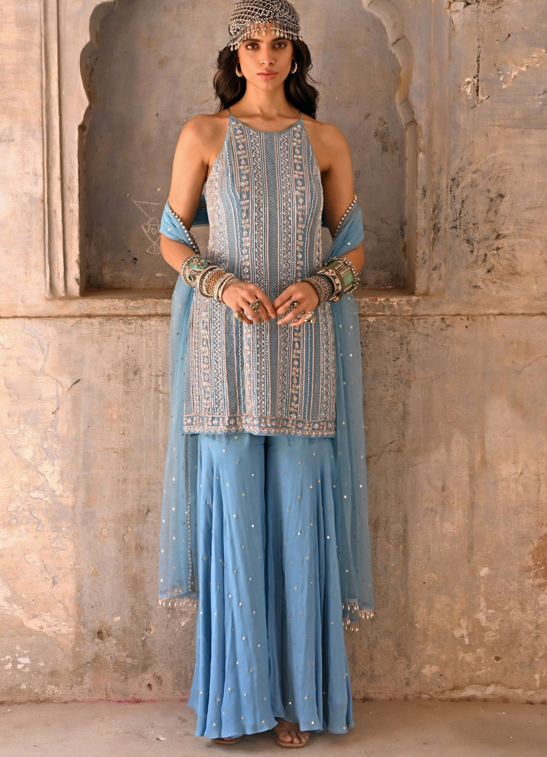 Hazel Blue Embroidered Palazzo Set Chamee n Palak - Fabilicious Fashion