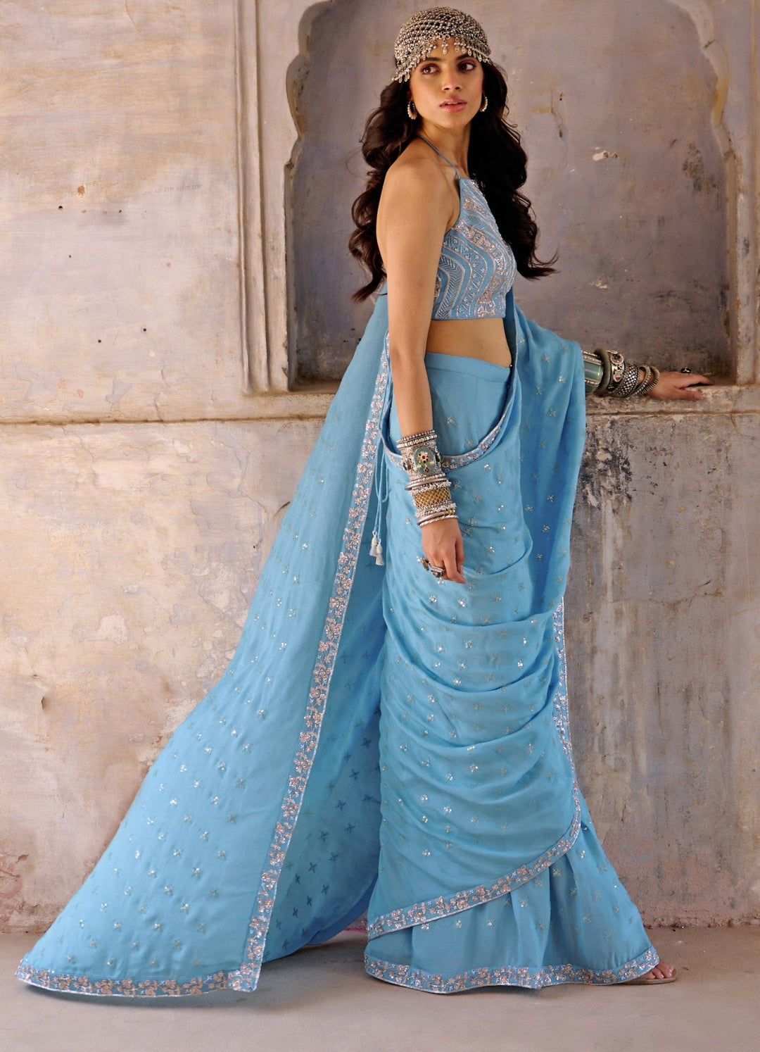 Hazel Blue Embroidered Pre Draped Saree Set Chamee n Palak - Fabilicious Fashion