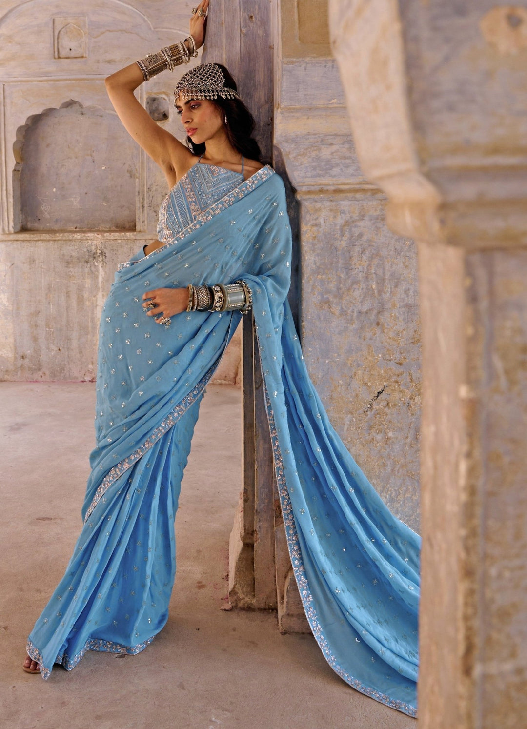 Hazel Blue Embroidered Pre Draped Saree Set Chamee n Palak - Fabilicious Fashion