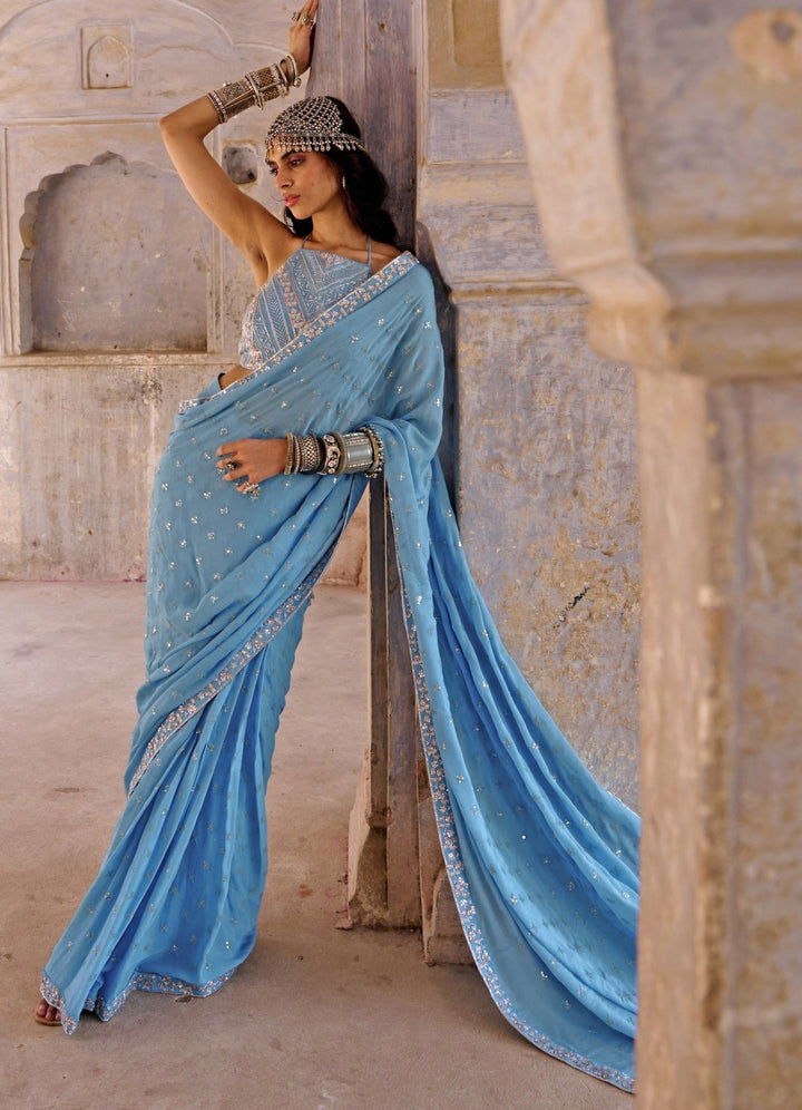 Hazel Blue Embroidered Pre Draped Saree Set Chamee n Palak - Fabilicious Fashion