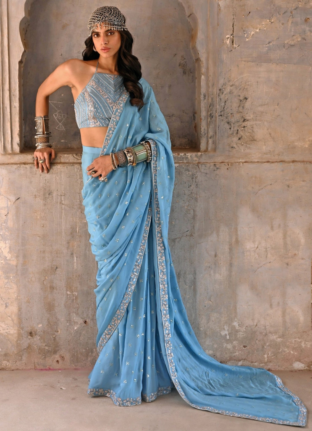 Hazel Blue Embroidered Pre Draped Saree Set Chamee n Palak - Fabilicious Fashion
