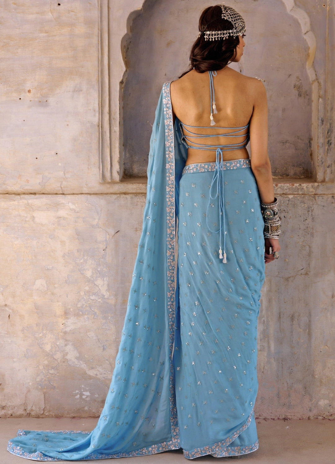 Hazel Blue Embroidered Pre Draped Saree Set Chamee n Palak - Fabilicious Fashion