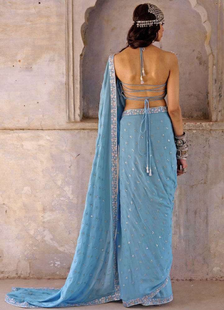 Hazel Blue Embroidered Pre Draped Saree Set Chamee n Palak - Fabilicious Fashion