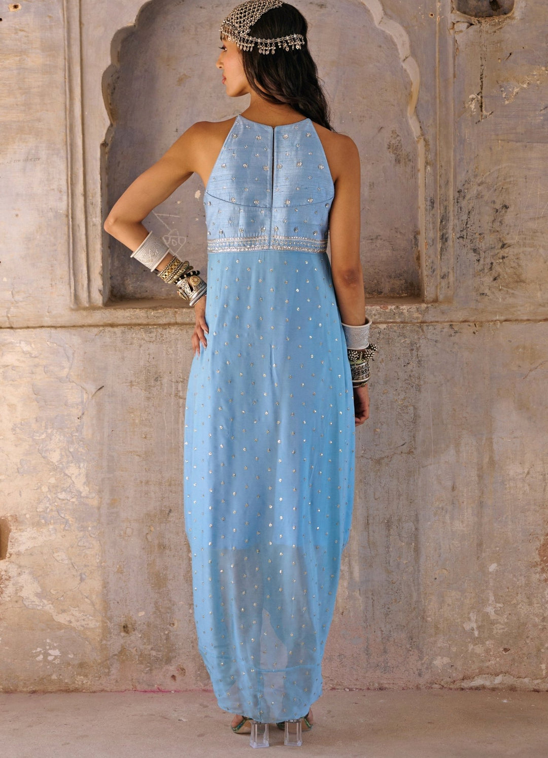 Hazel Blue Pearl Embroidered Cowl Dress Chamee n Palak - Fabilicious Fashion