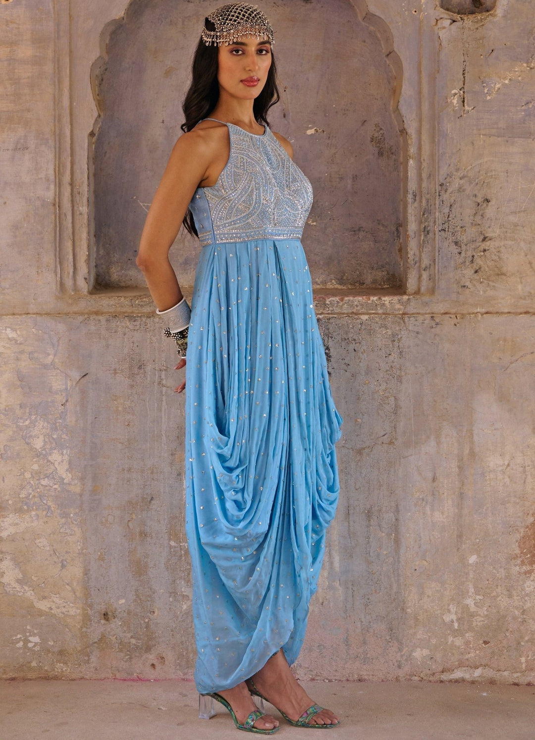 Hazel Blue Pearl Embroidered Cowl Dress Chamee n Palak - Fabilicious Fashion