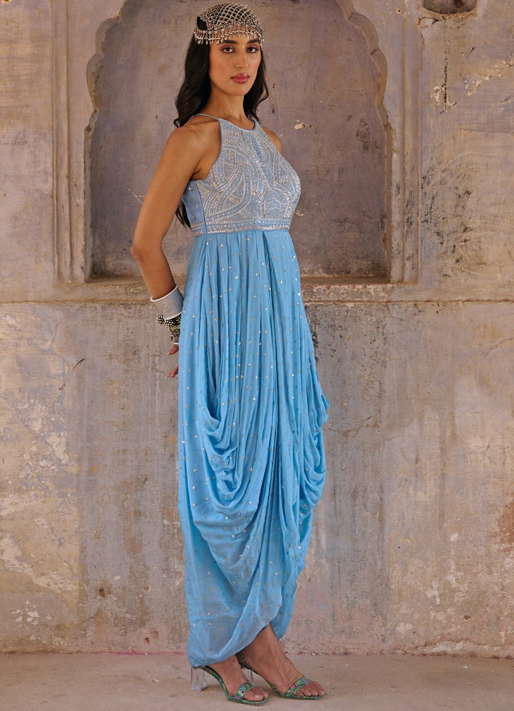Hazel Blue Pearl Embroidered Cowl Dress Chamee n Palak - Fabilicious Fashion