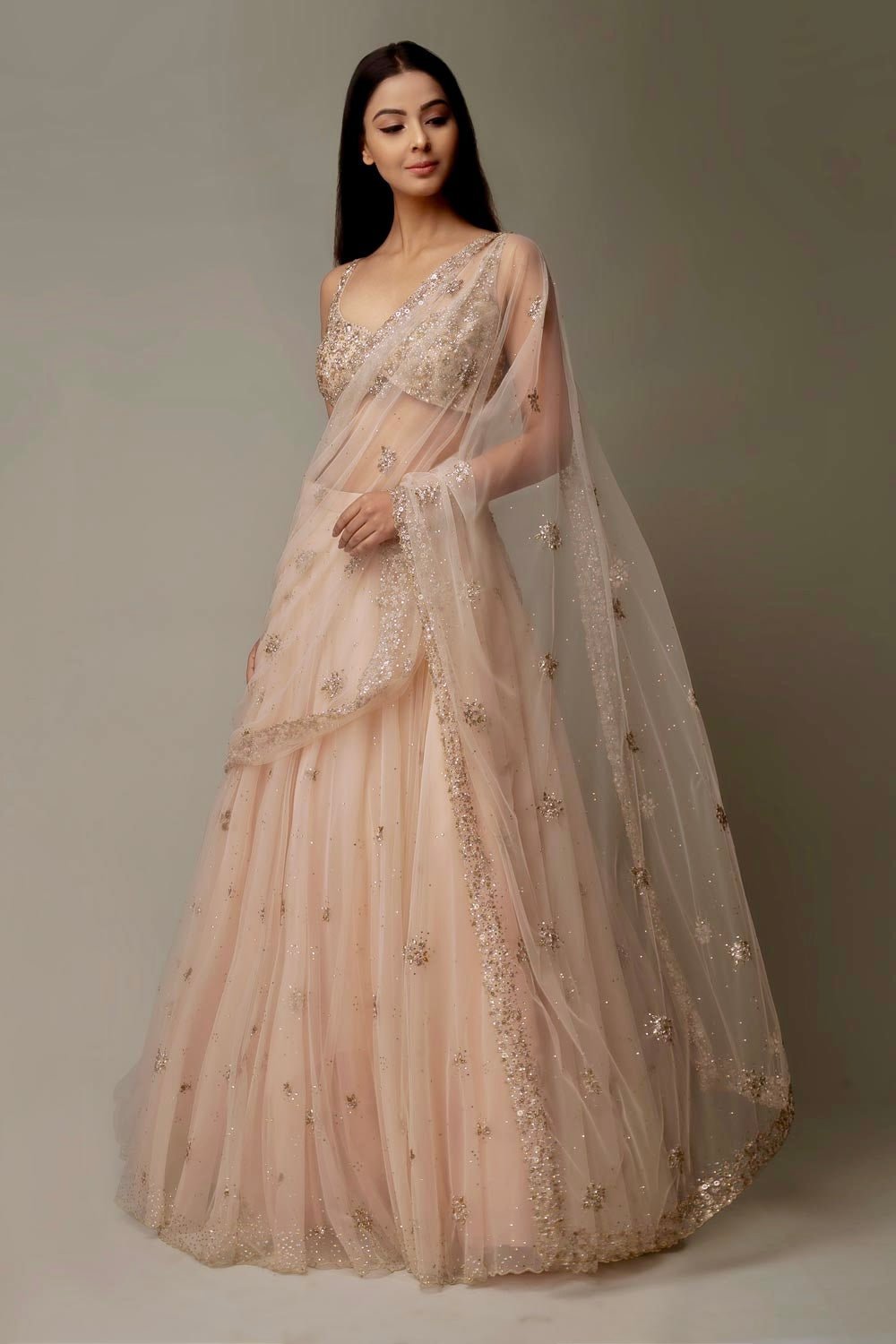 Heba Blush Pink and Rose Gold Bridal Lehenga Saree Prevasu - Fabilicious Fashion
