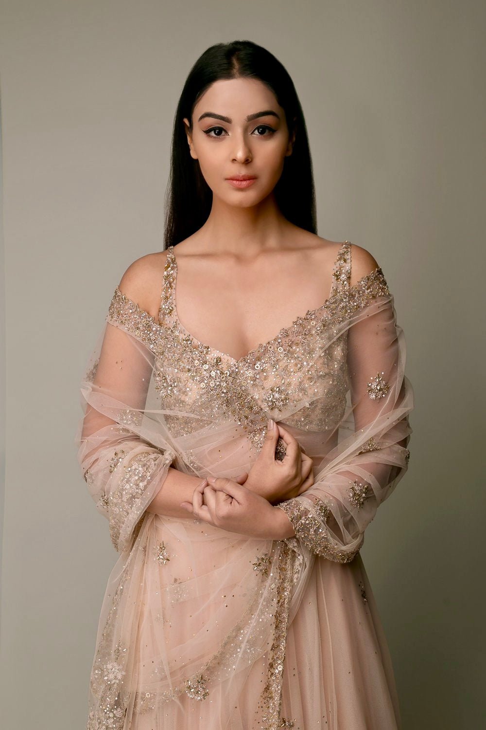 Heba Blush Pink and Rose Gold Bridal Lehenga Saree Prevasu - Fabilicious Fashion