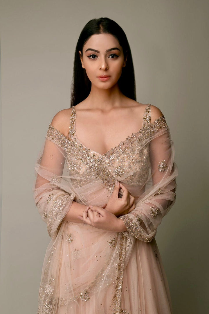 Heba Blush Pink and Rose Gold Bridal Lehenga Saree Prevasu - Fabilicious Fashion