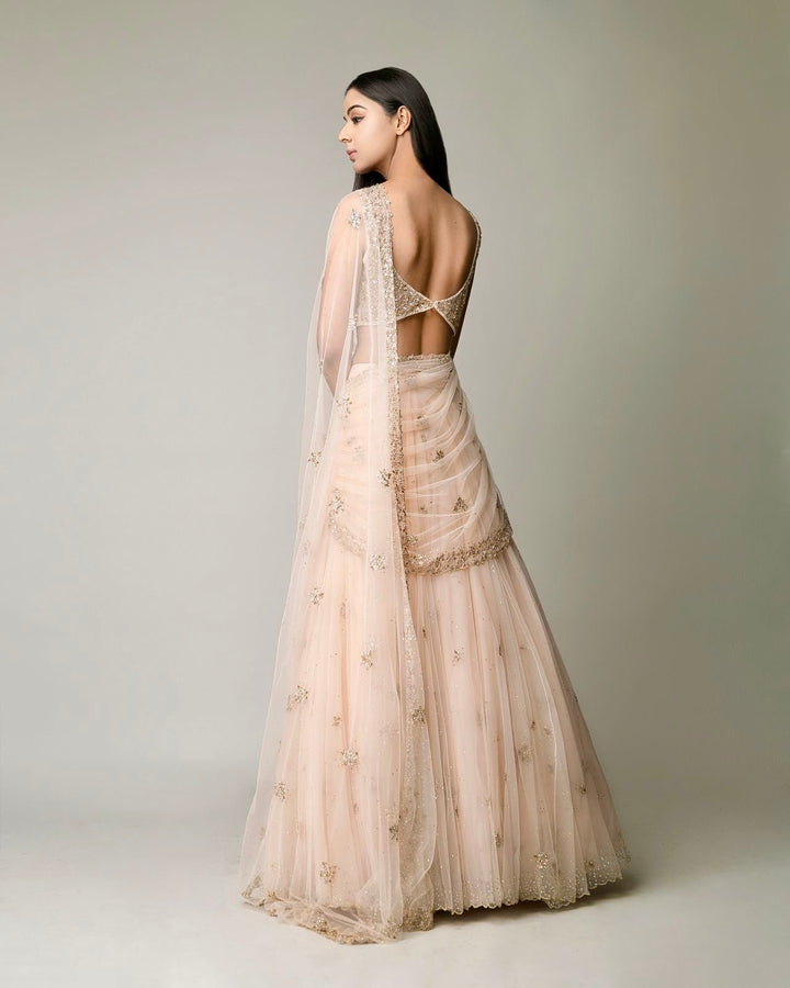 Heba Blush Pink and Rose Gold Bridal Lehenga Saree Prevasu - Fabilicious Fashion