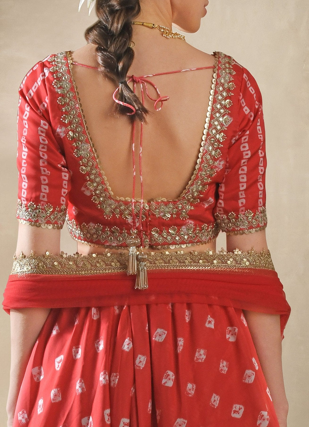 Hibiscus Red Satin Bandhani Lehenga Set Renee - Fabilicious Fashion