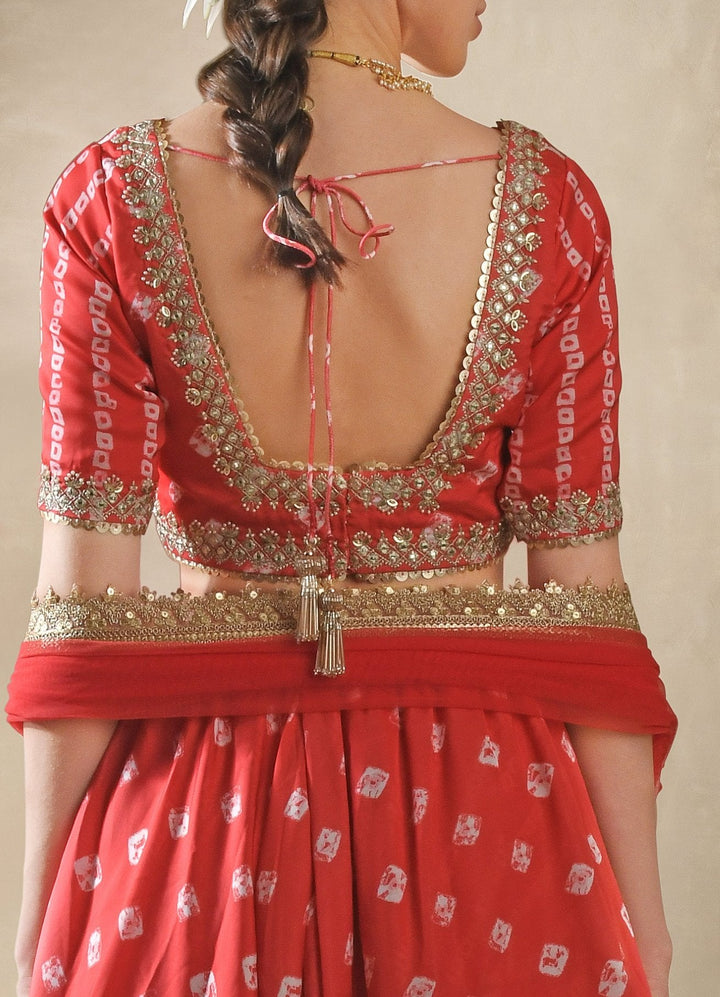 Hibiscus Red Satin Bandhani Lehenga Set Renee - Fabilicious Fashion