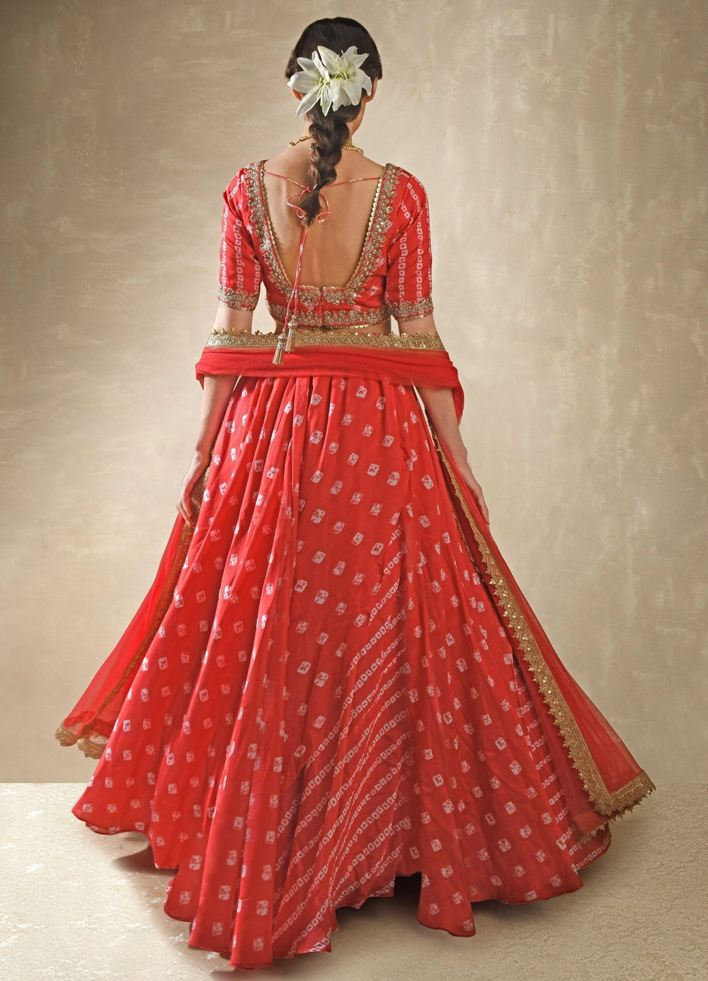 Hibiscus Red Satin Bandhani Lehenga Set Renee - Fabilicious Fashion