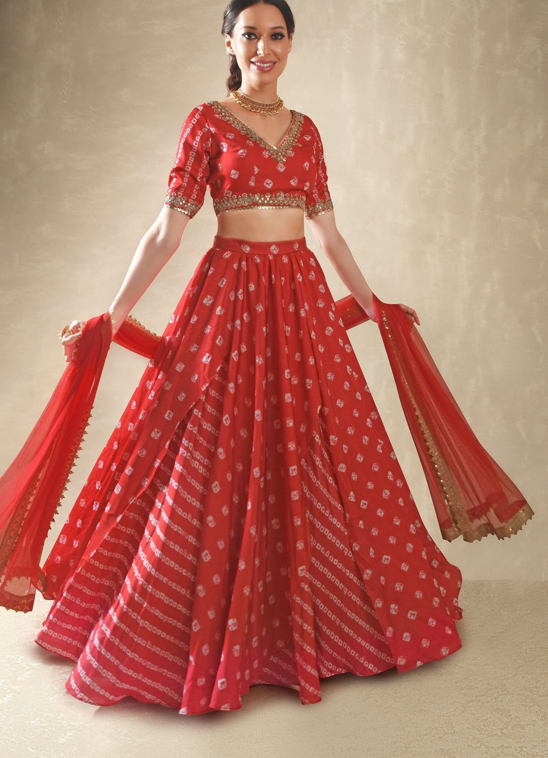 Hibiscus Red Satin Bandhani Lehenga Set Renee - Fabilicious Fashion