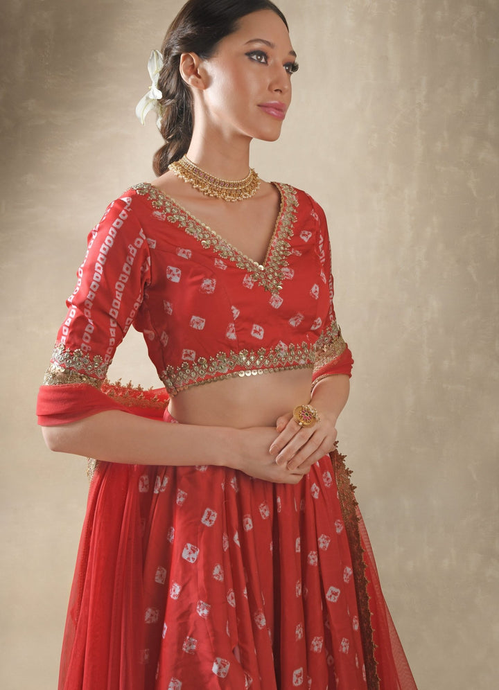 Hibiscus Red Satin Bandhani Lehenga Set Renee - Fabilicious Fashion