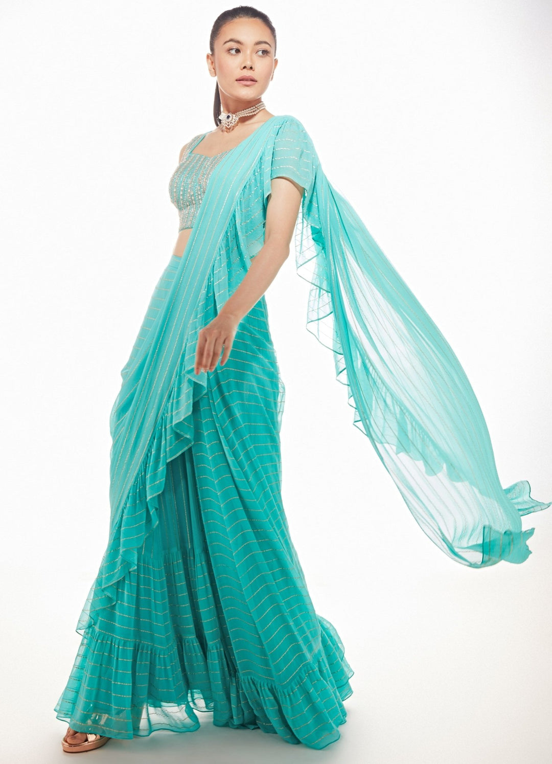 Honey Dew Tiffany Blue Pre-Stitched Saree Set Chamee n Palak - Fabilicious Fashion