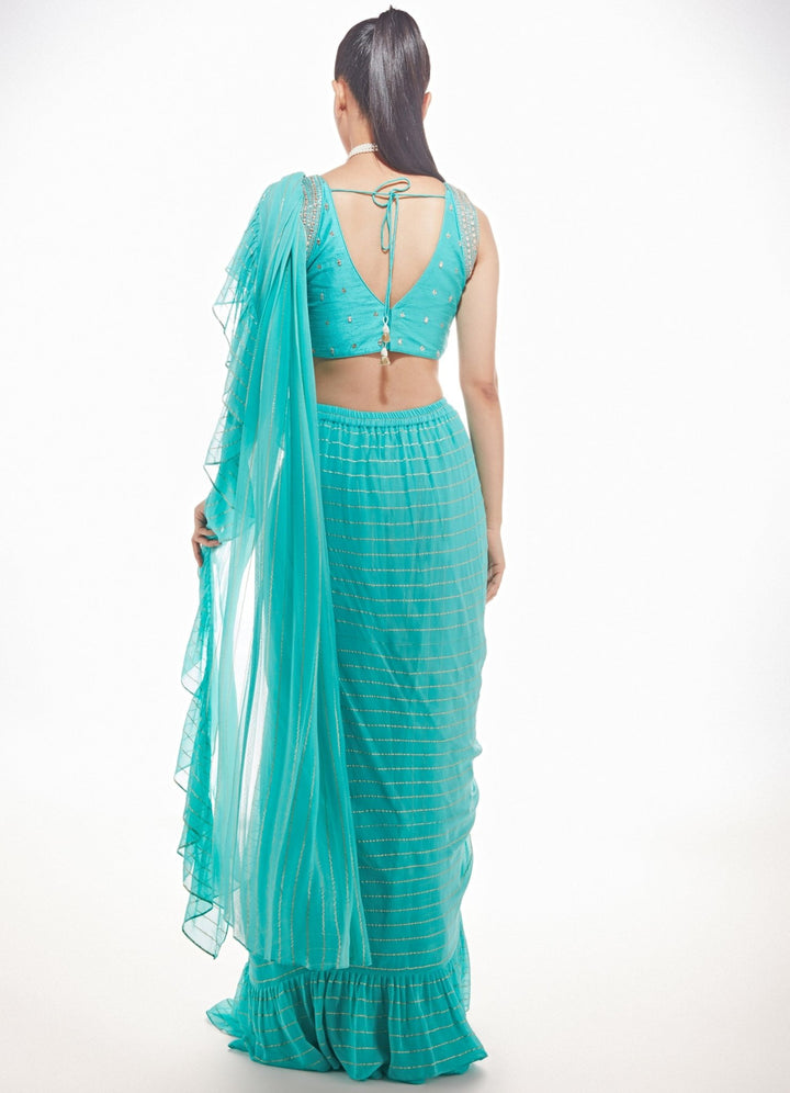 Honey Dew Tiffany Blue Pre-Stitched Saree Set Chamee n Palak - Fabilicious Fashion