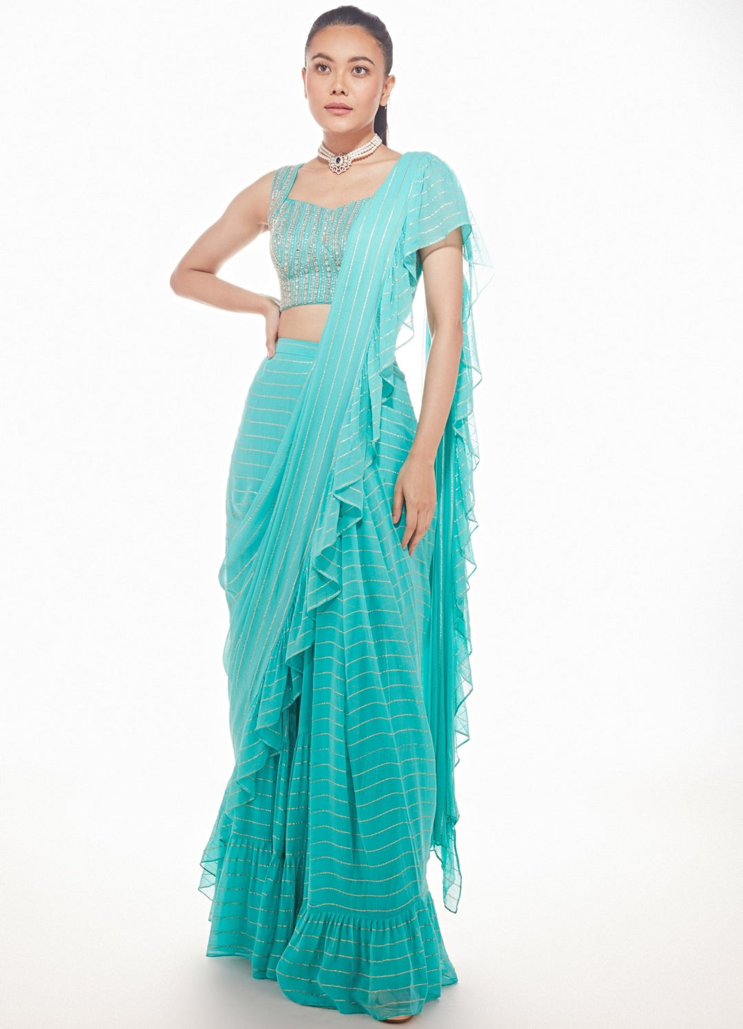 Honey Dew Tiffany Blue Pre-Stitched Saree Set Chamee n Palak - Fabilicious Fashion