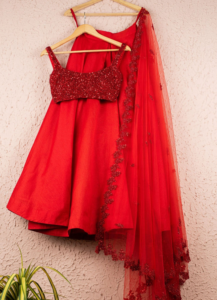 Hot Chilli Red Raw Silk Lehenga Set Anisha Shetty - Fabilicious Fashion