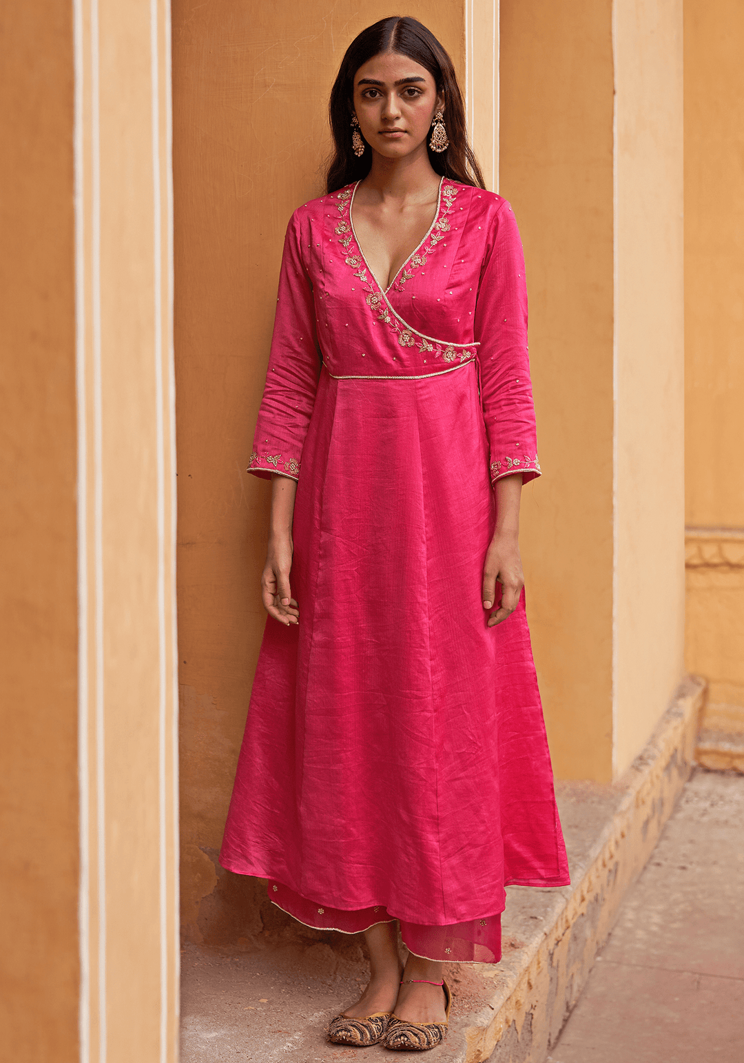 Hot Pink Chanderi Embroidered Angrakha Kurta Set Zoon Tribe - Fabilicious Fashion