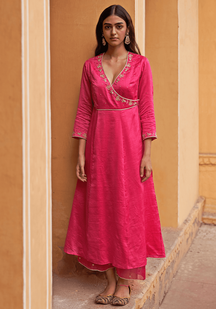 Hot Pink Chanderi Embroidered Angrakha Kurta Set Zoon Tribe - Fabilicious Fashion