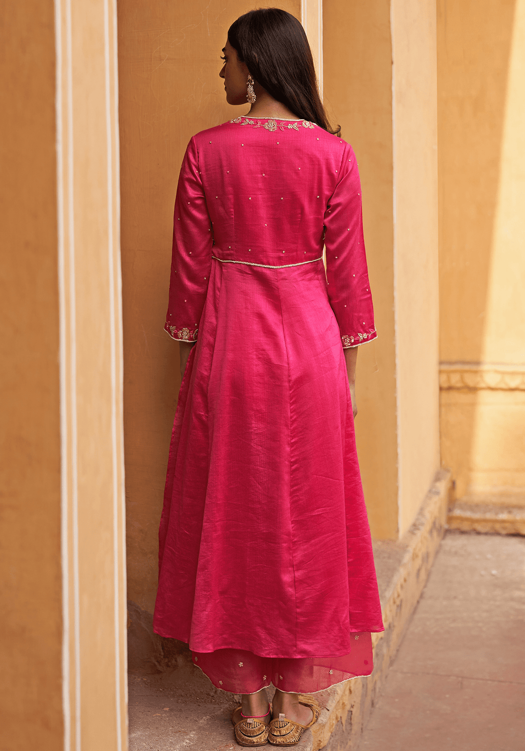 Hot Pink Chanderi Embroidered Angrakha Kurta Set Zoon Tribe - Fabilicious Fashion