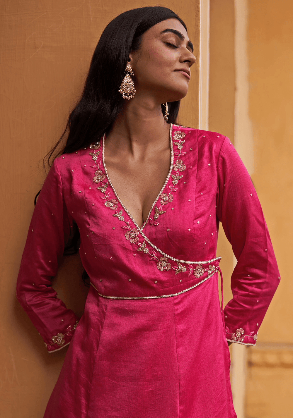 Hot Pink Chanderi Embroidered Angrakha Kurta Set Zoon Tribe - Fabilicious Fashion
