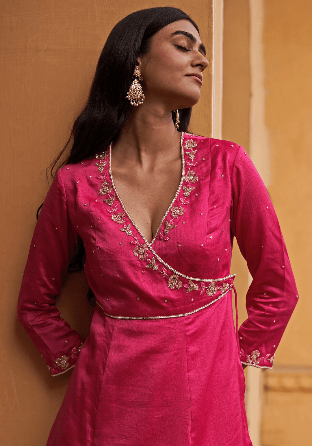Hot Pink Chanderi Embroidered Angrakha Kurta Set Zoon Tribe - Fabilicious Fashion