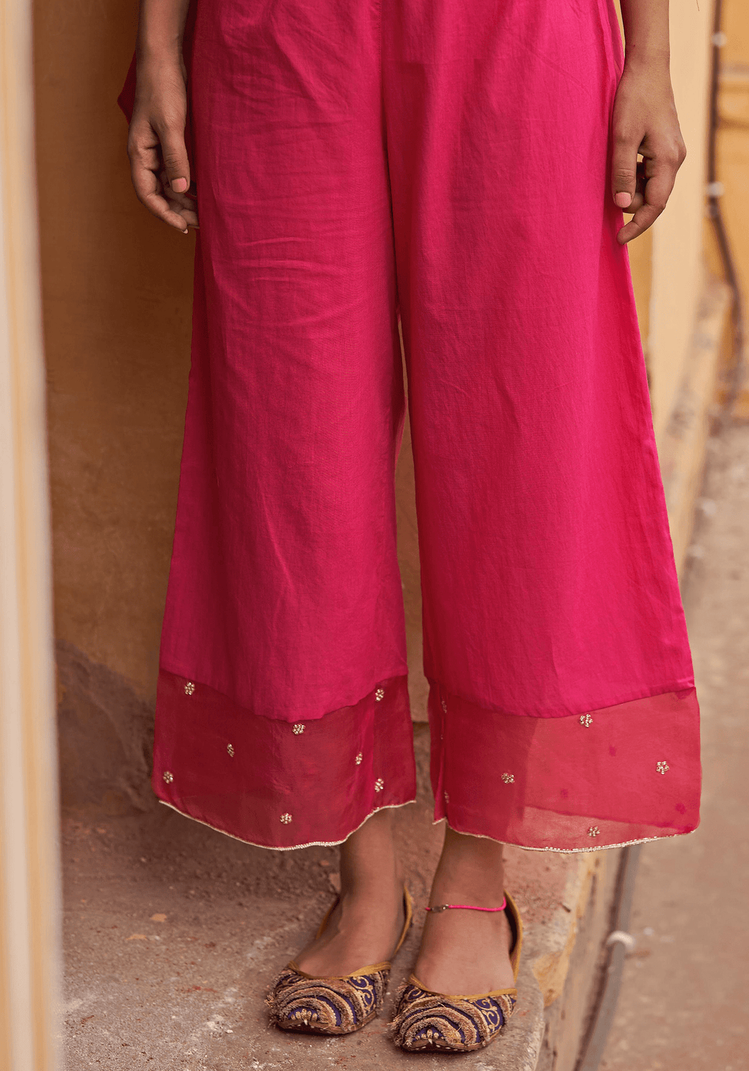 Hot Pink Chanderi Embroidered Angrakha Kurta Set Zoon Tribe - Fabilicious Fashion