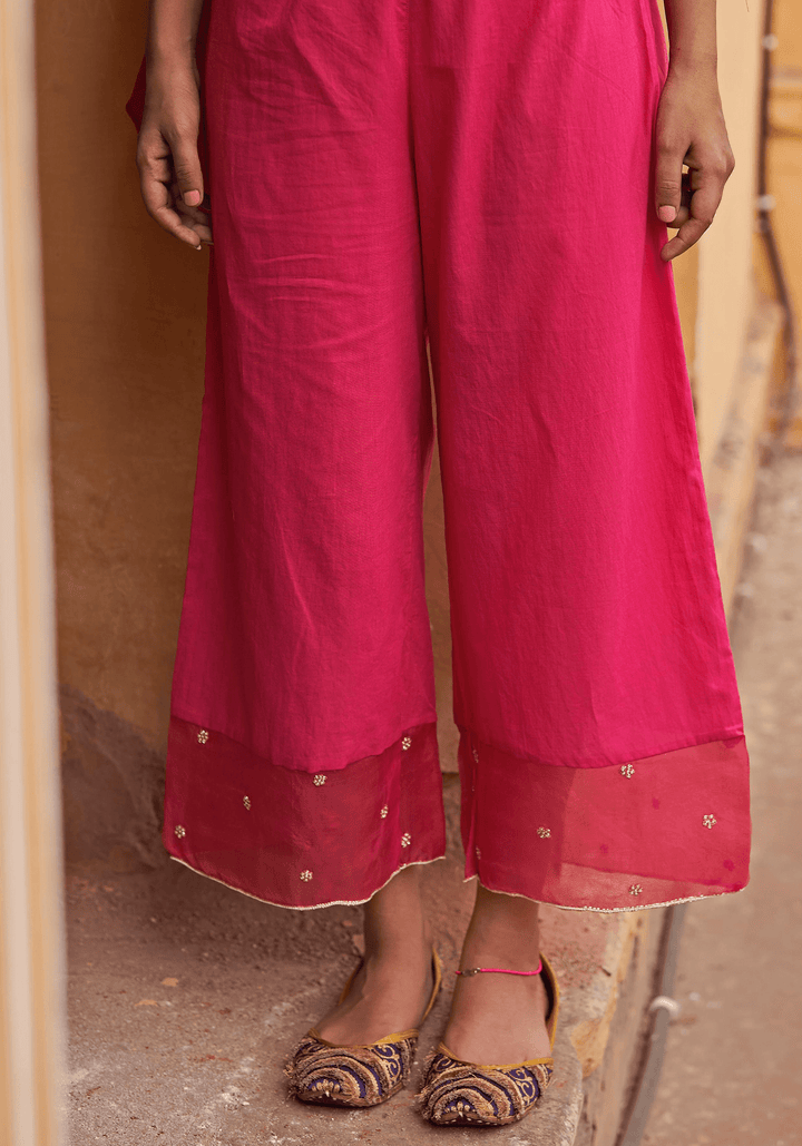 Hot Pink Chanderi Embroidered Angrakha Kurta Set Zoon Tribe - Fabilicious Fashion