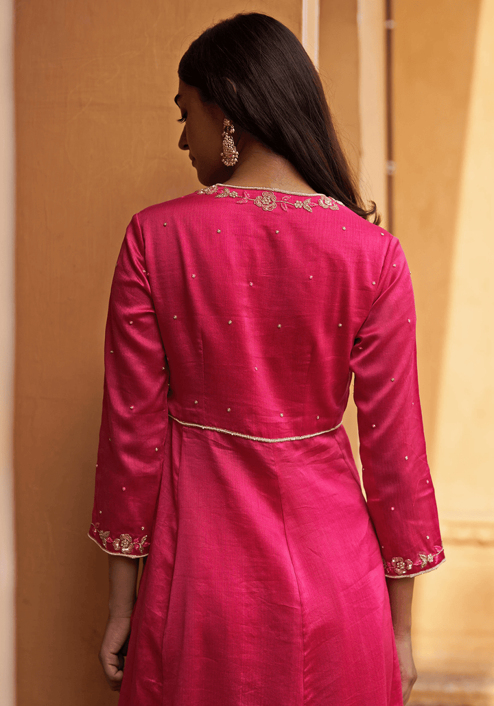 Hot Pink Chanderi Embroidered Angrakha Kurta Set Zoon Tribe - Fabilicious Fashion