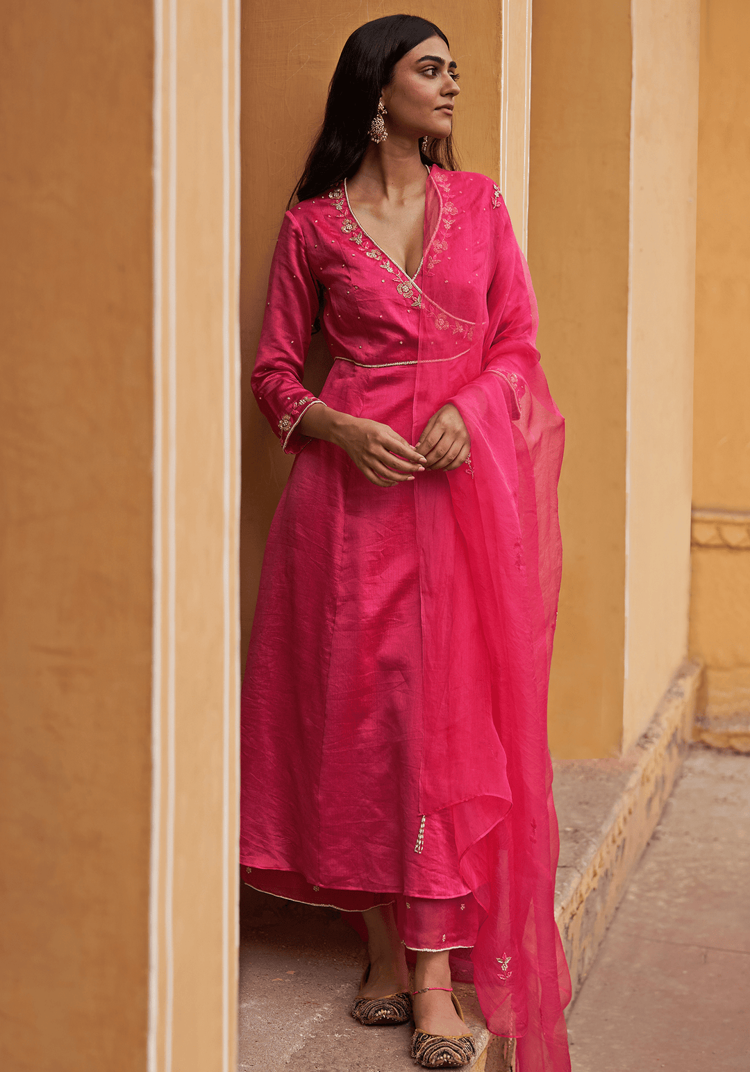 Hot Pink Chanderi Embroidered Angrakha Kurta Set Zoon Tribe - Fabilicious Fashion