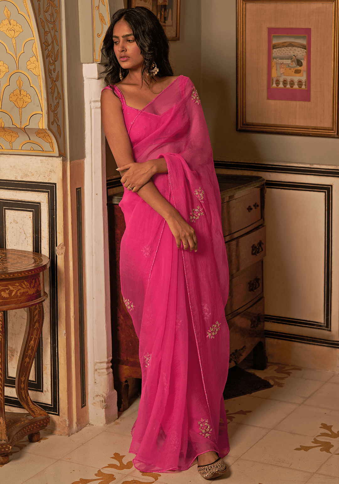 Hot Pink Organza Silk Embroidered Saree Set Zoon Tribe - Fabilicious Fashion
