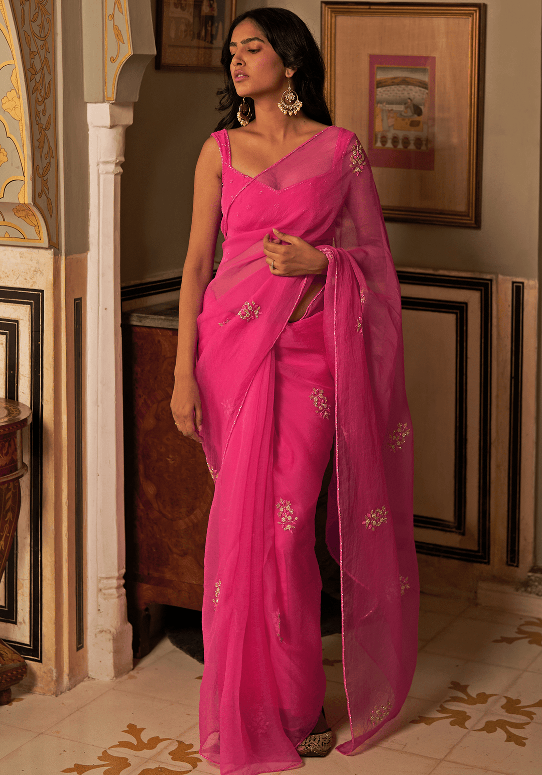 Hot Pink Organza Silk Embroidered Saree Set Zoon Tribe - Fabilicious Fashion