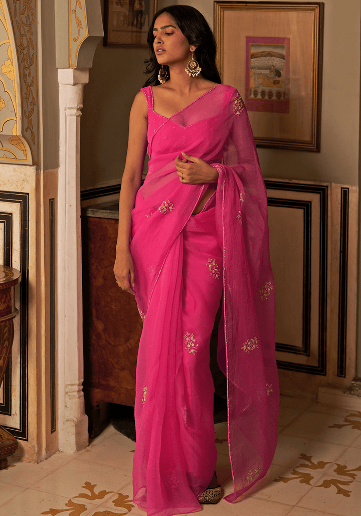 Hot Pink Organza Silk Embroidered Saree Set Zoon Tribe - Fabilicious Fashion