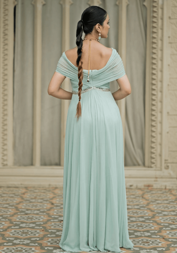 Ice Blue Draped Georgette Anarkali Esha Koul - Fabilicious Fashion