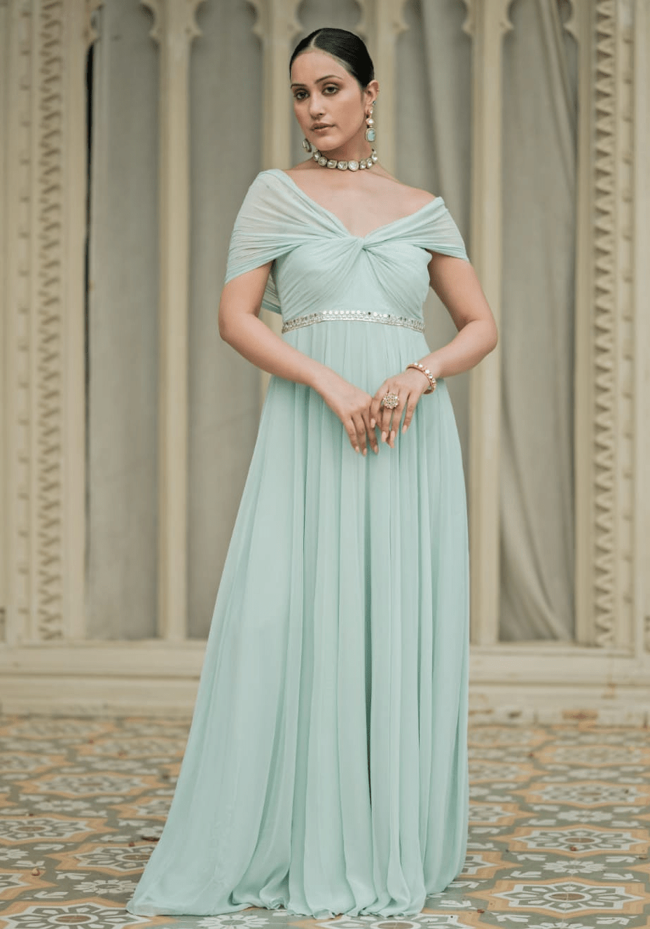 Ice Blue Draped Georgette Anarkali Esha Koul - Fabilicious Fashion