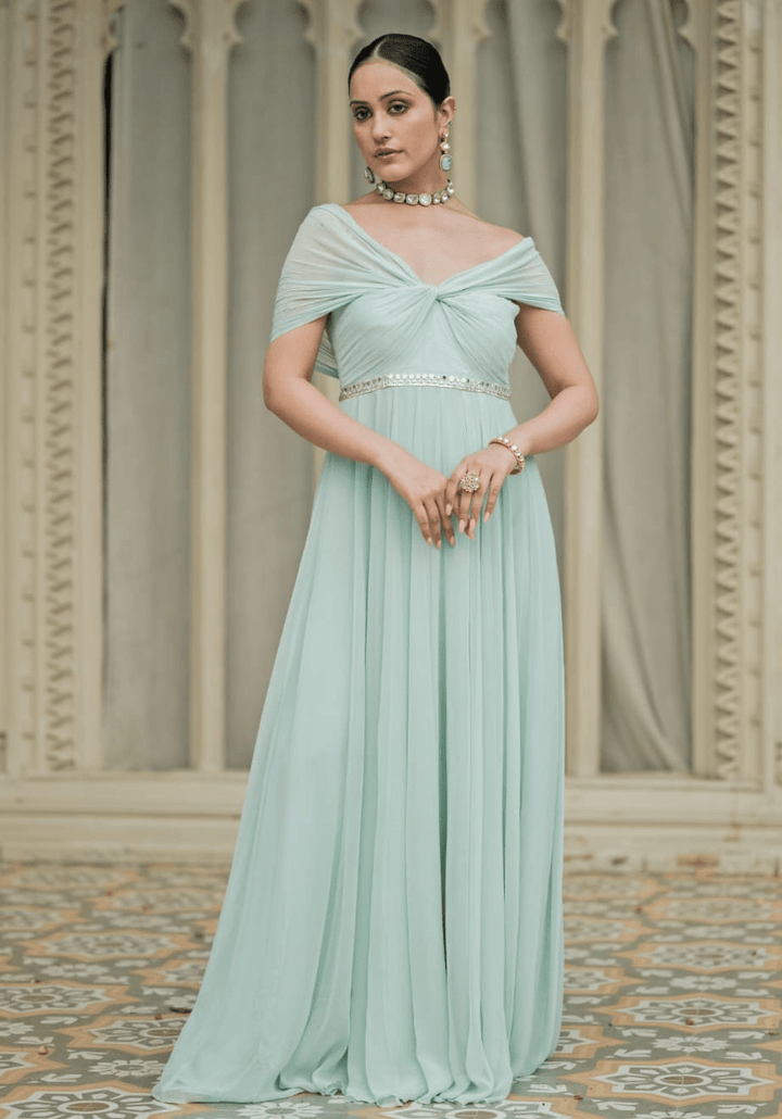 Ice Blue Draped Georgette Anarkali Esha Koul - Fabilicious Fashion