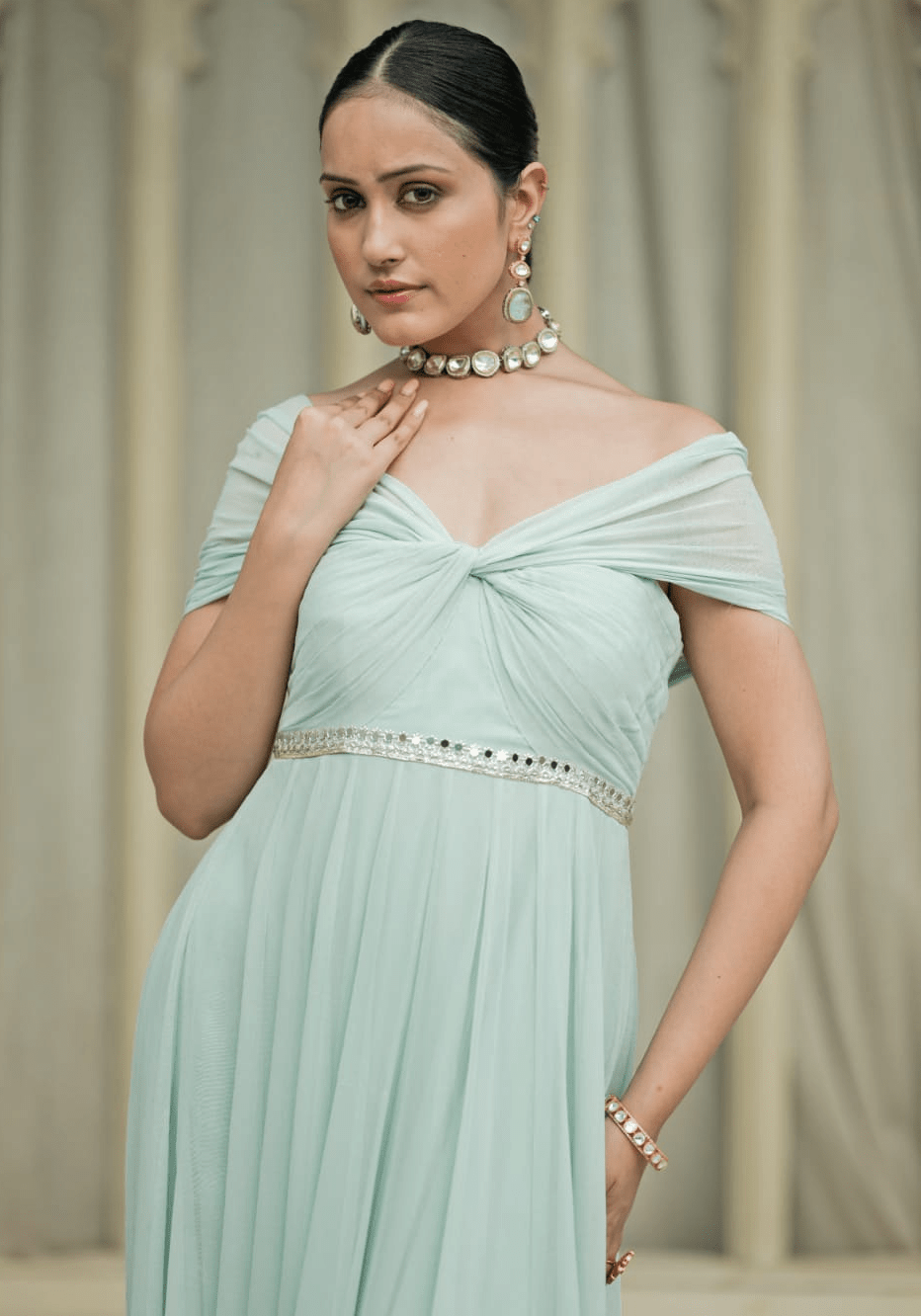 Ice Blue Draped Georgette Anarkali Esha Koul - Fabilicious Fashion