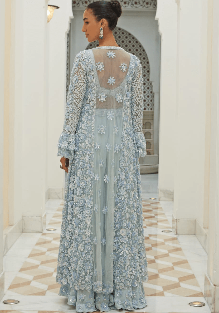 Ice Blue Embroidered Georgette Sharara Set Nitika Gujral - Fabilicious Fashion