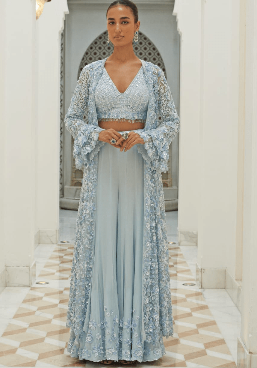 Ice Blue Embroidered Georgette Sharara Set Nitika Gujral - Fabilicious Fashion