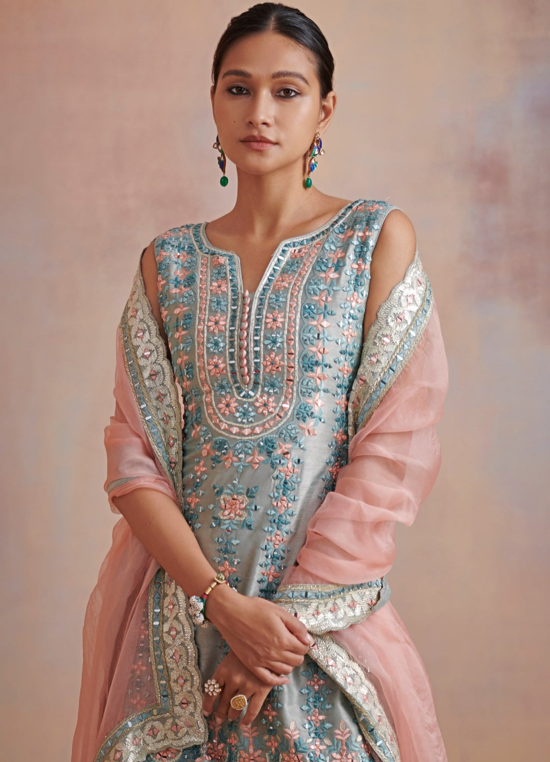 Ice Blue Gota and Resham Mirror Silk Kurta set Suhino - Fabilicious Fashion