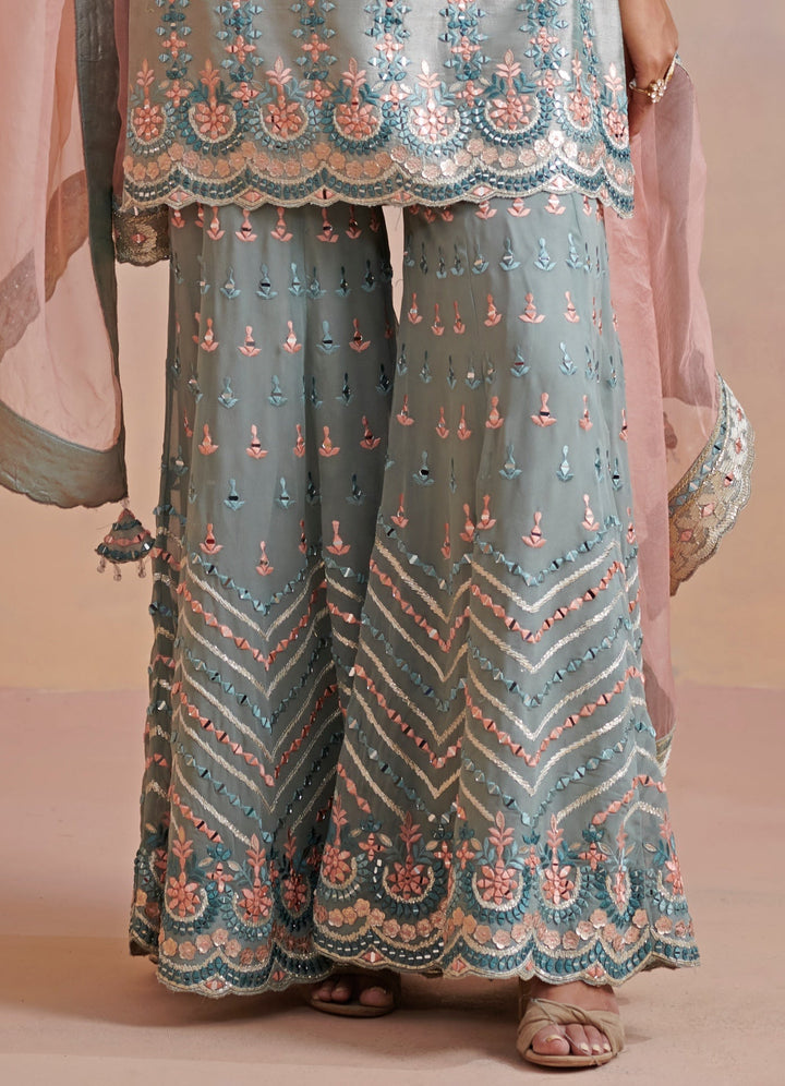 Ice Blue Gota and Resham Mirror Silk Kurta set Suhino - Fabilicious Fashion