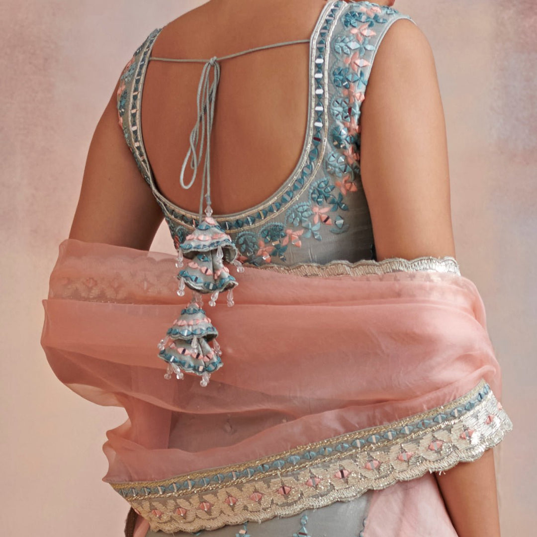 Ice Blue Gota and Resham Mirror Silk Kurta set Suhino - Fabilicious Fashion