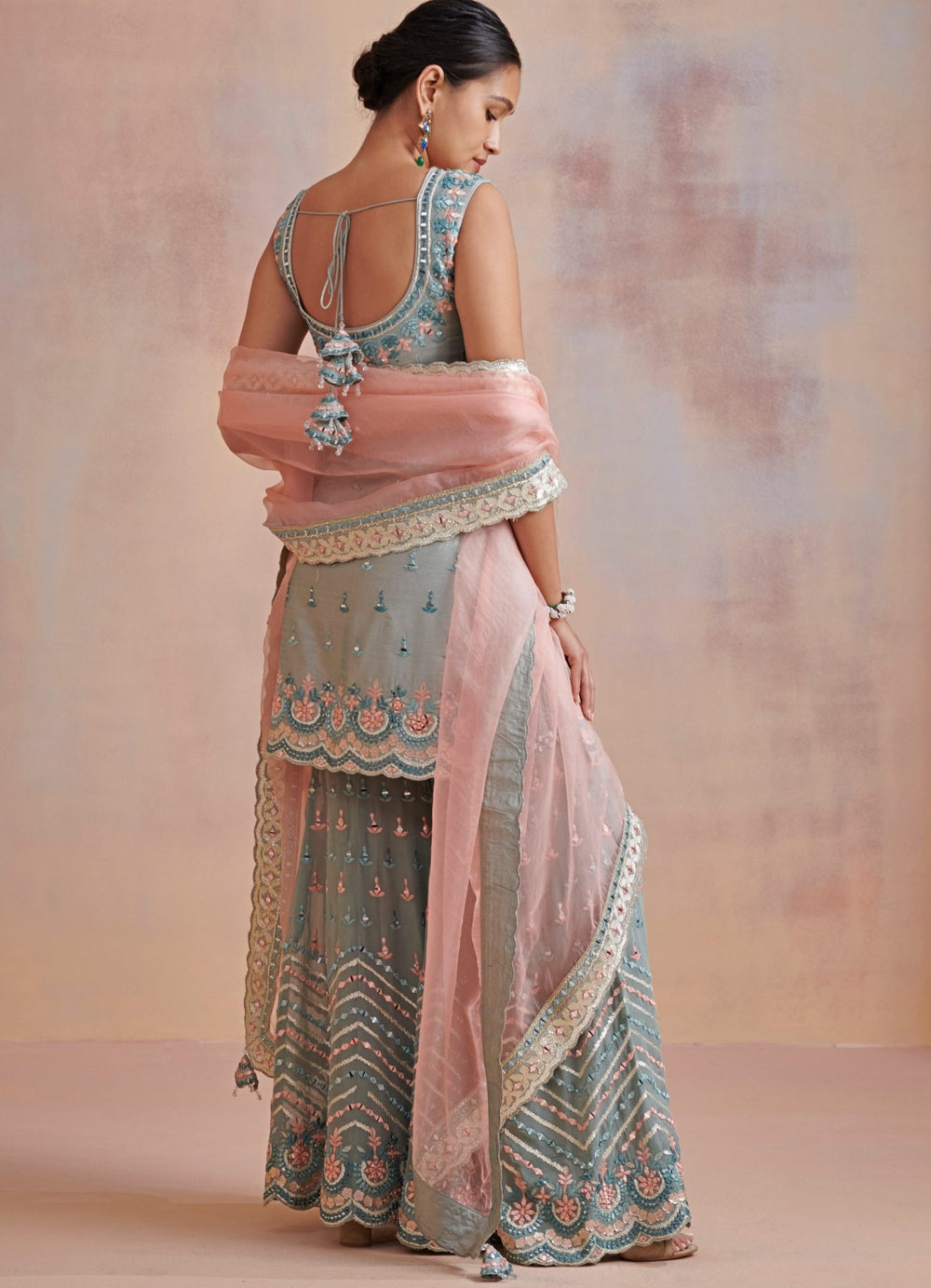 Ice Blue Gota and Resham Mirror Silk Kurta set Suhino - Fabilicious Fashion