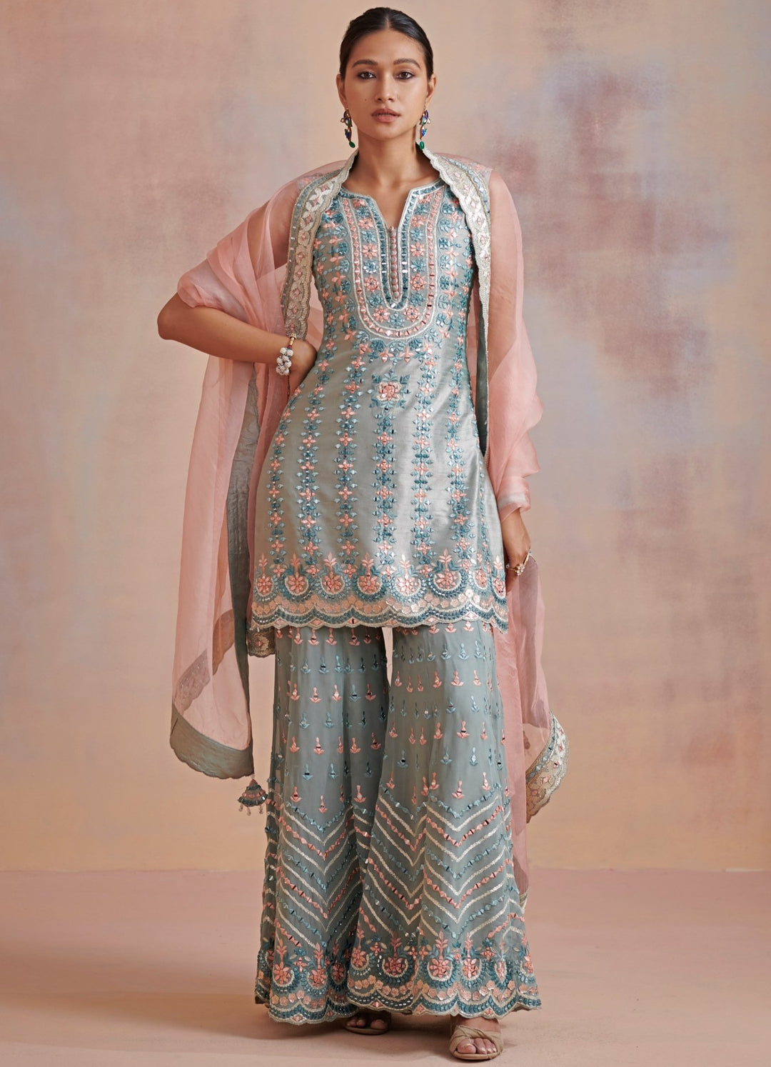 Ice Blue Gota and Resham Mirror Silk Kurta set Suhino - Fabilicious Fashion