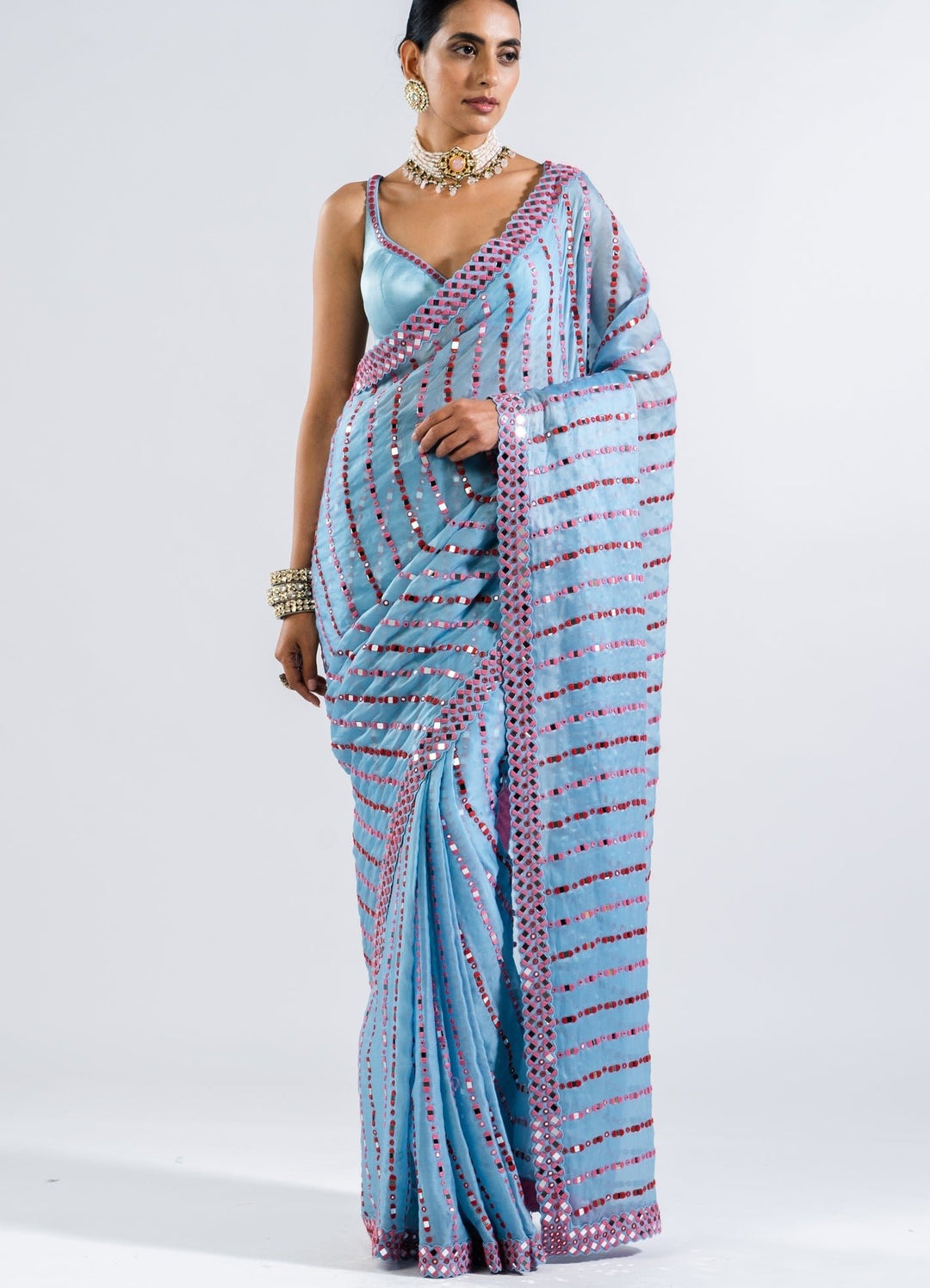 Ice Blue Heavy Mirror Work Saree Set. Vvani by Vani Vats - Fabilicious Fashion